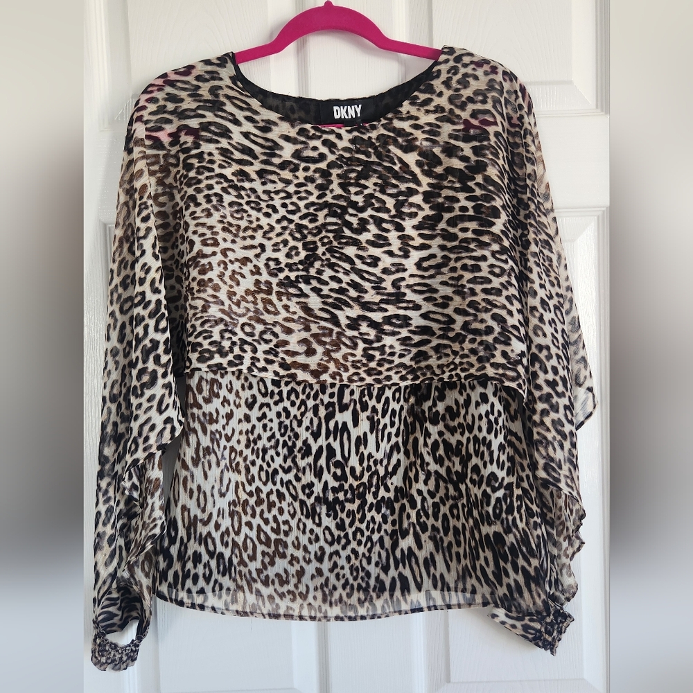 DKNY Black and Tan Animal Print Blouse